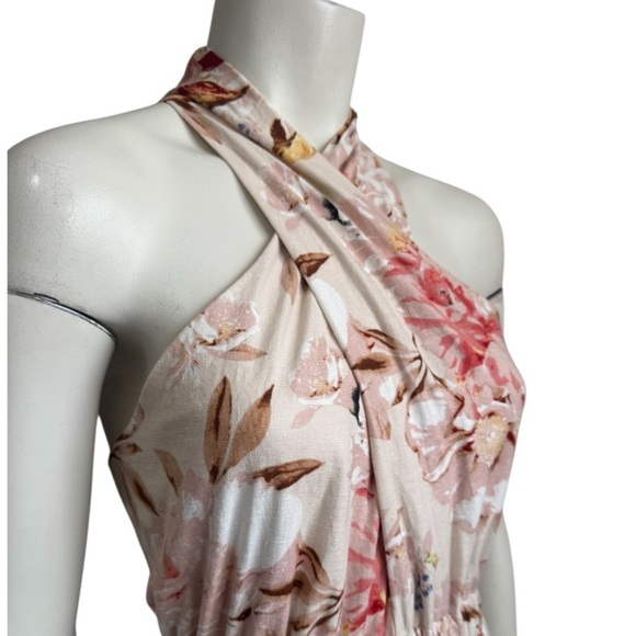 EXPRESS linen halter midi dress cream pink romantic crossover sexy tiered medium - Picture 4 of 16